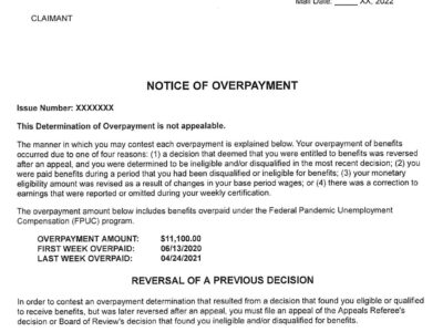 Notice of Overpayment Unemployment Benefits NC