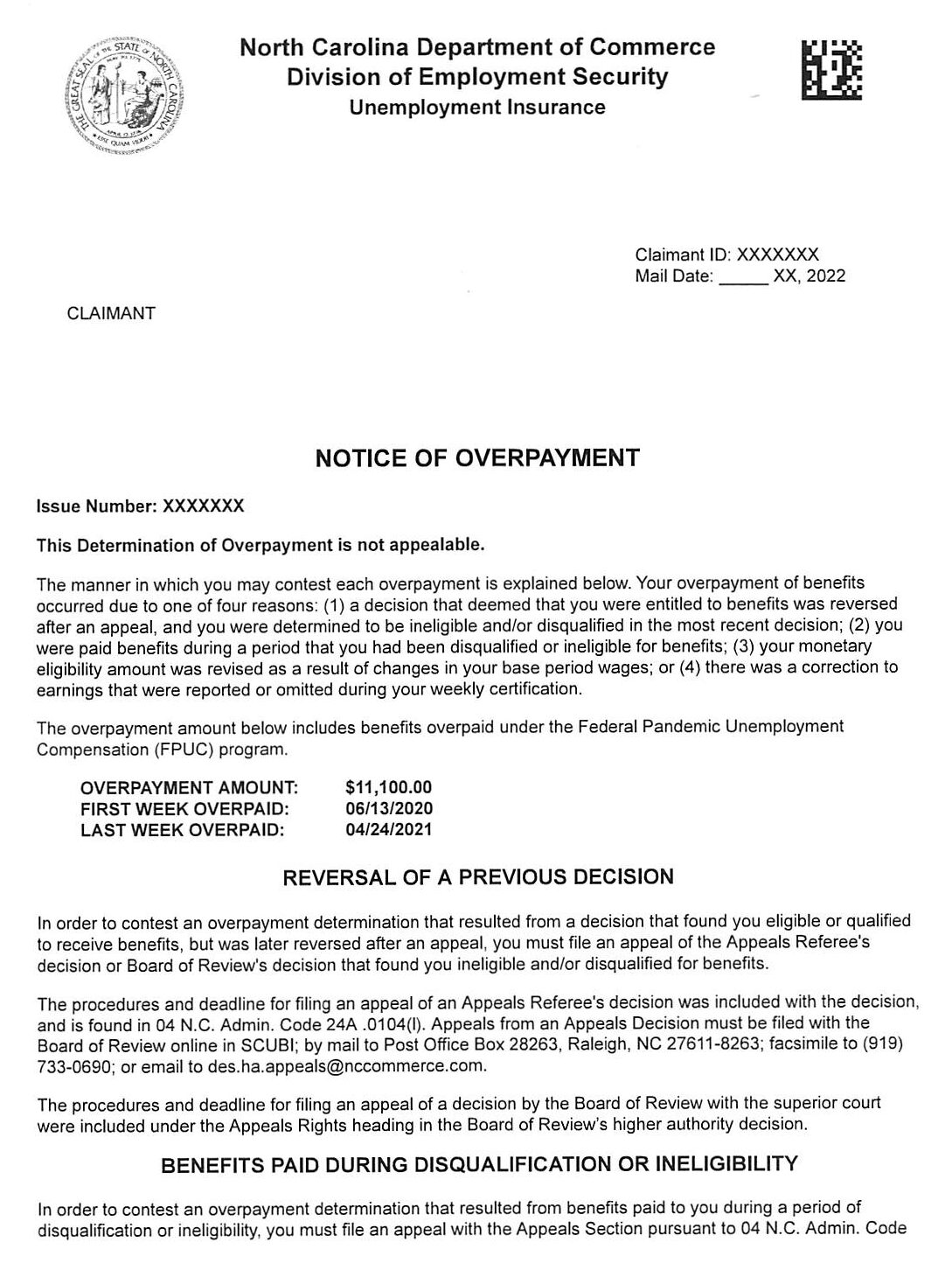 DES Sends out Notices of Overpayment NC Unemployment Appeal Lawyer
